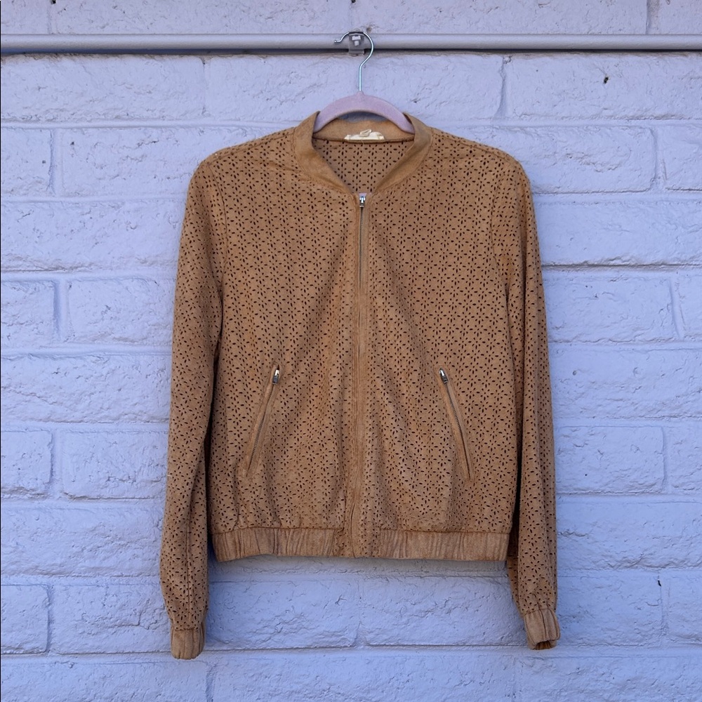 ILLA ILLA Women's Perforated Suede-like Bomber Jacket - Camel Tan